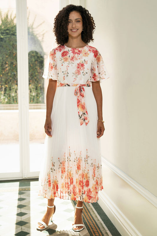 Yumi White Mirror Floral Design Pleated Midi Dress