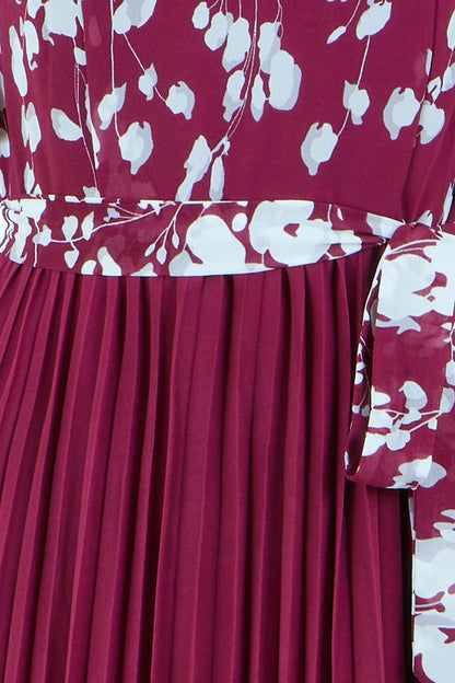 Yumi Burgundy Mirror Floral Design Pleated Midi Dress