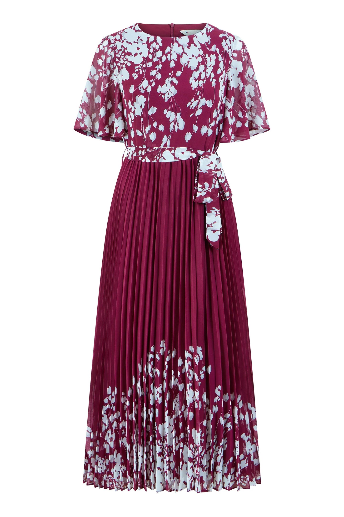 Yumi Burgundy Mirror Floral Design Pleated Midi Dress