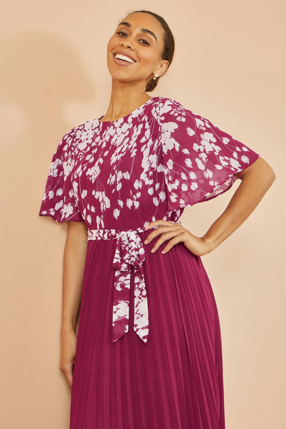 Yumi Burgundy Mirror Floral Design Pleated Midi Dress