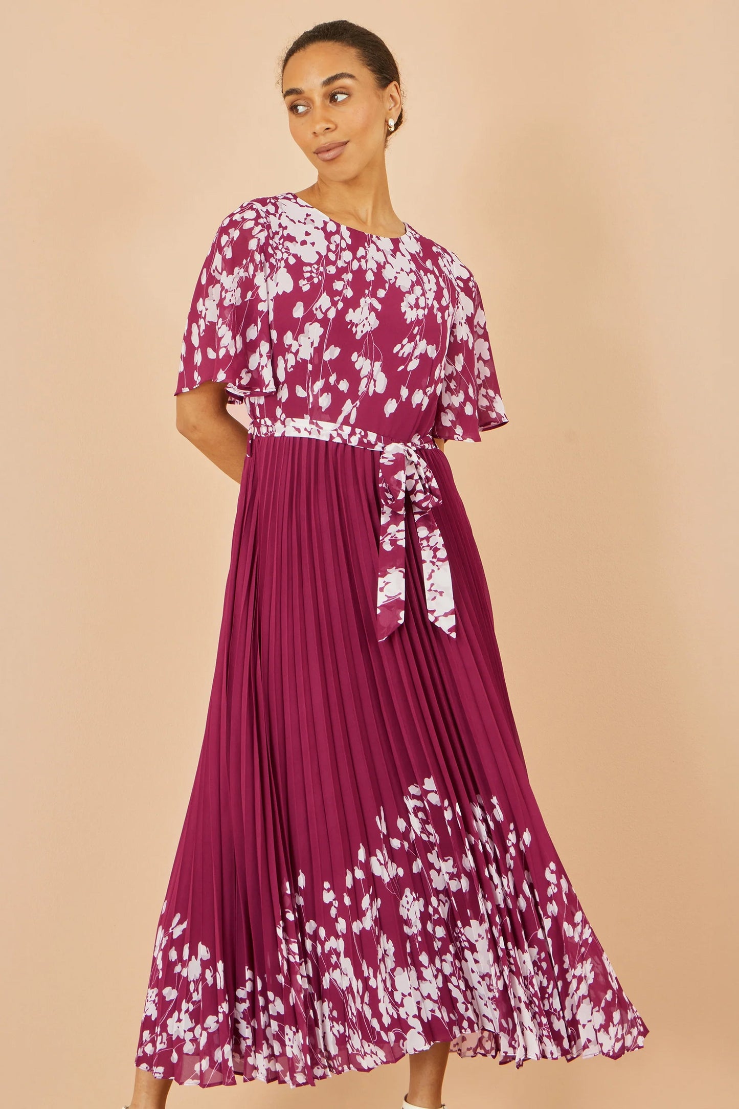 Yumi Burgundy Mirror Floral Design Pleated Midi Dress