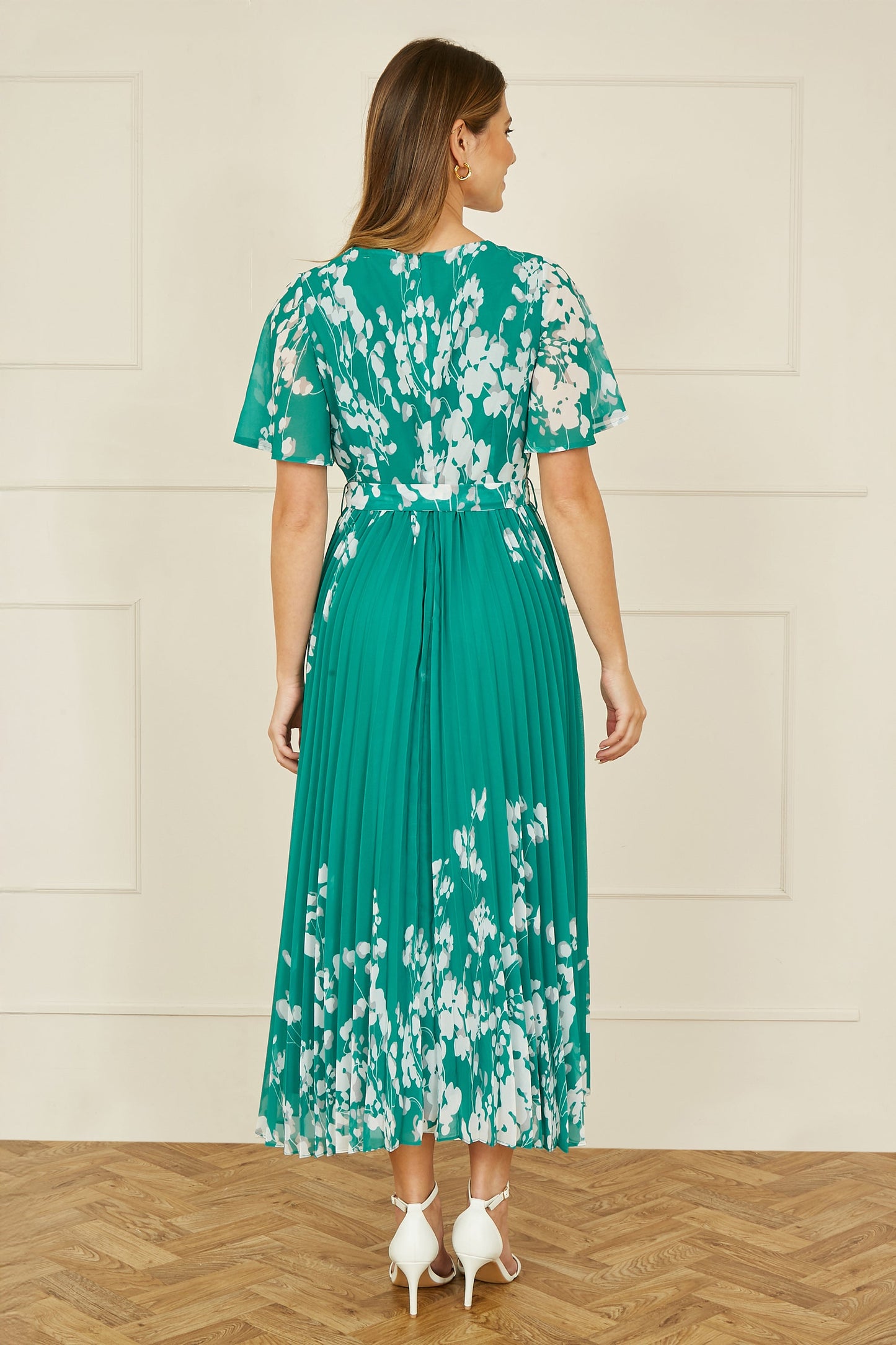 Yumi Green Mirror Floral Design Pleated Midi Dress