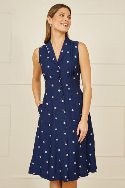 Yumi Navy Daisy Print Embroidered Sleeveless Shirt Dress