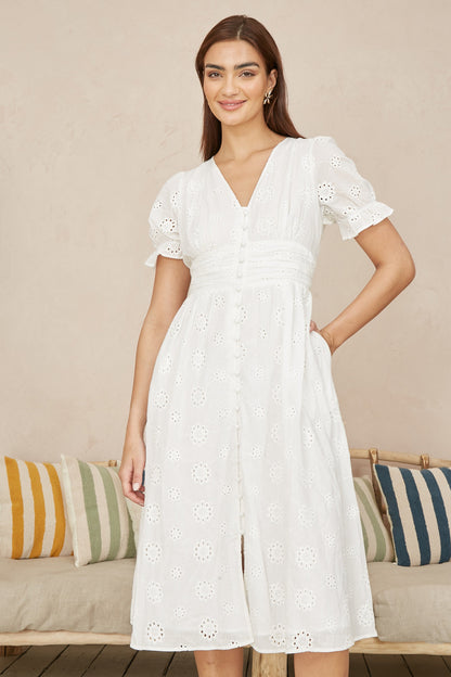 Yumi White Cotton Broderie Anglaise Midi Button Up Dress