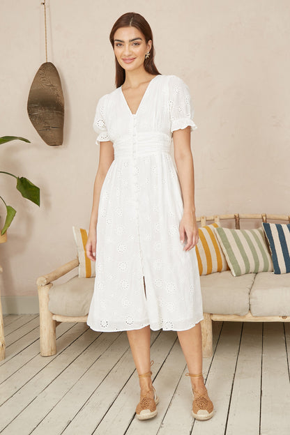 Yumi White Cotton Broderie Anglaise Midi Button Up Dress