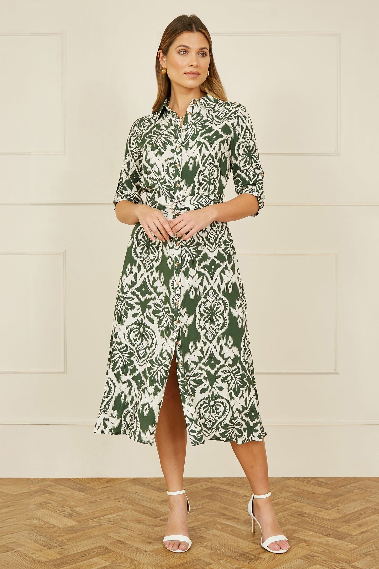 Yumi Green Ikat Geo Print Midi Shirt Dress