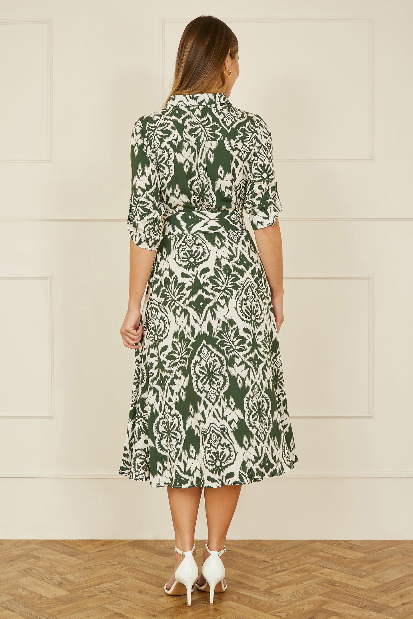 Yumi Green Ikat Geo Print Midi Shirt Dress