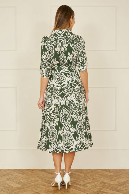 Yumi Green Ikat Geo Print Midi Shirt Dress