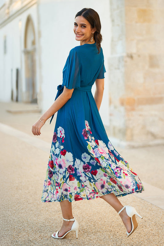 Yumi Teal Mesh Wrap Midi Dress With Floral Hem Border