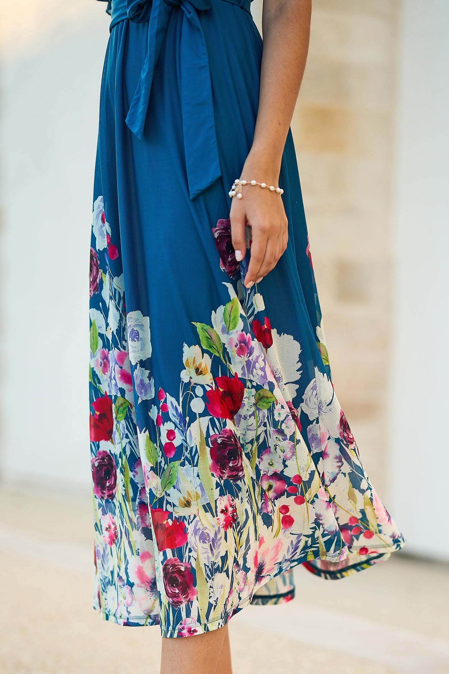 Yumi Teal Mesh Wrap Midi Dress With Floral Hem Border