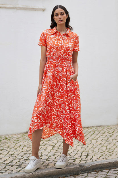 Yumi Coral Tropical Leaf print Midi Ruched Shirt Dress
