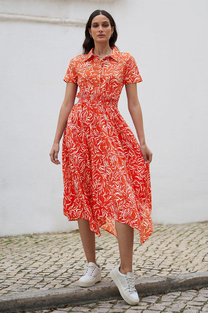 Yumi Coral Tropical Leaf print Midi Ruched Shirt Dress