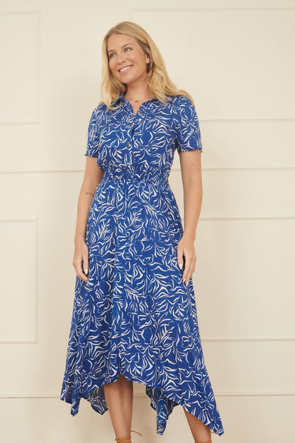 Yumi Blue Leaf Print Dip Hem Midi Shirt Dress