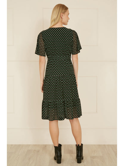 Yumi Black Dot Print Mesh Stretch Midi Skater Dress