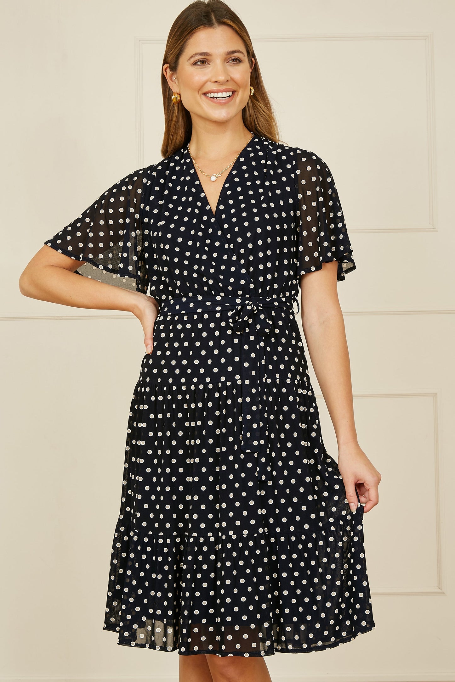 Yumi Navy Dot Print Mesh Stretch Midi Skater Dress