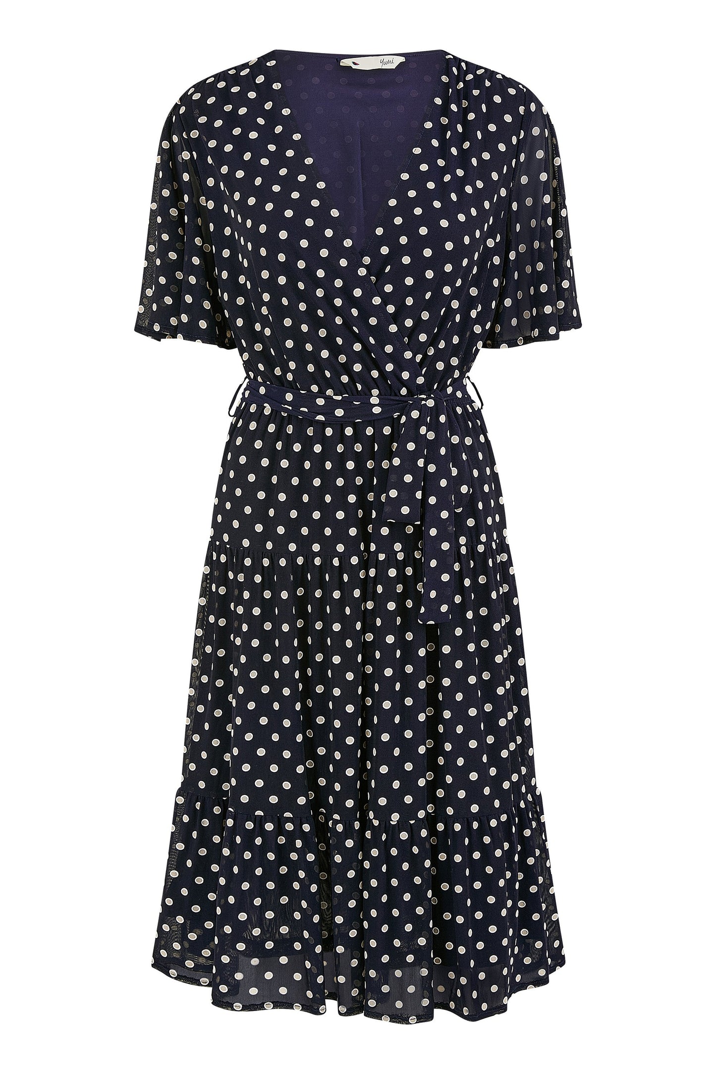 Yumi Navy Dot Print Mesh Stretch Midi Skater Dress