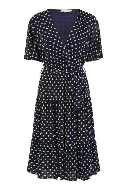 Yumi Navy Dot Print Mesh Stretch Midi Skater Dress