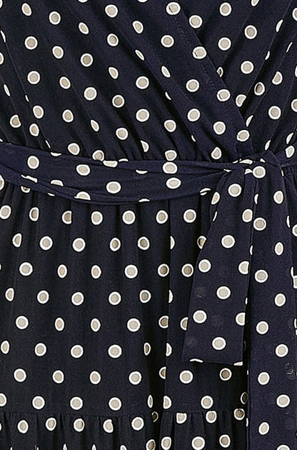 Yumi Navy Dot Print Mesh Stretch Midi Skater Dress