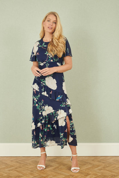 Yumi Navy Mesh Bird And Floral Print Midi Dress With Ruffles