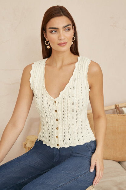 Yumi Beige V Neck Button Down Crochet Knitted Top