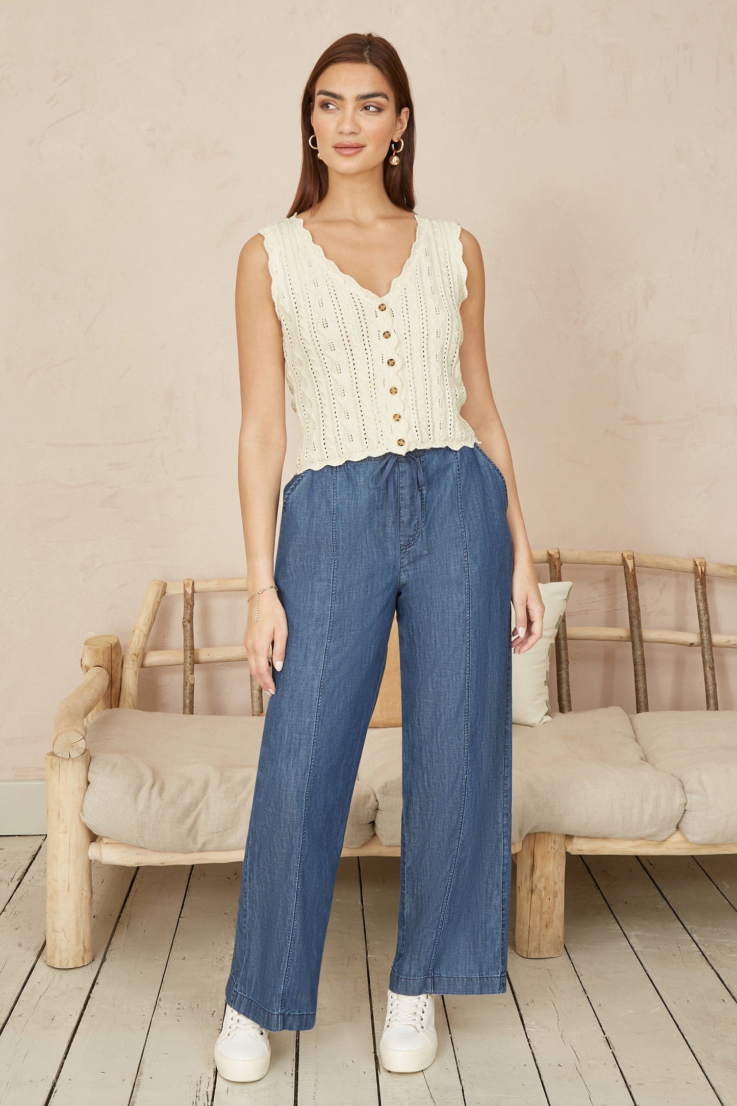 Yumi Beige V Neck Button Down Crochet Knitted Top