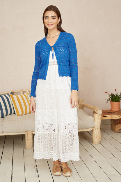 Yumi Blue Crochet Tie Front Cardigan