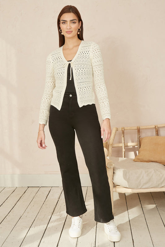 Yumi Ivory Crochet Tie Front Cardigan