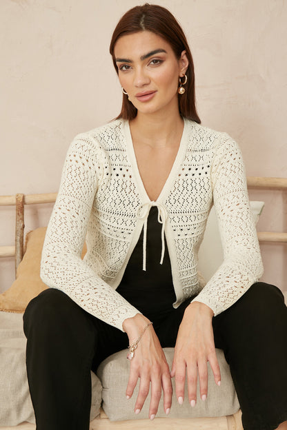 Yumi Ivory Crochet Tie Front Cardigan
