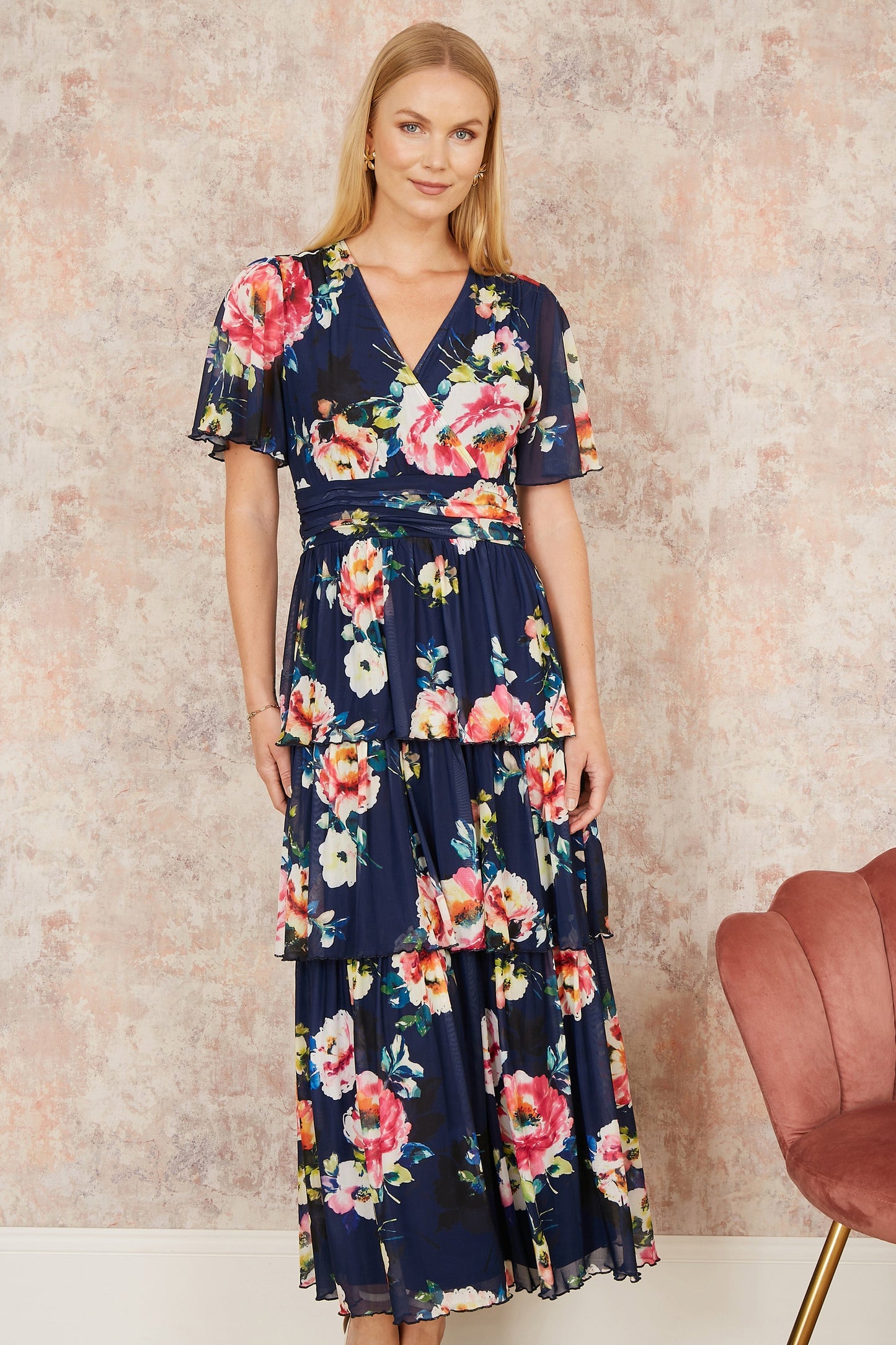 Yumi Navy Floral Mesh Tiered Maxi Dress