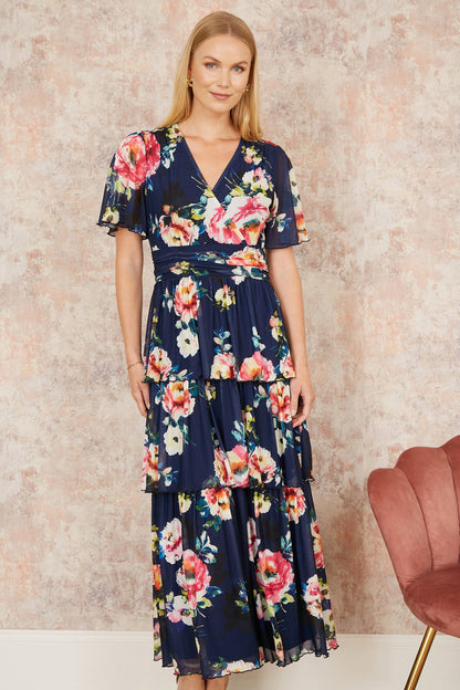Yumi Navy Floral Mesh Tiered Maxi Dress