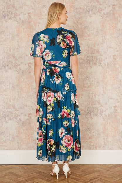 Yumi Green Floral Mesh Tiered Maxi Dress