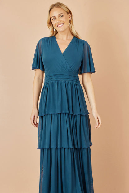 Yumi Teal Mesh Tiered Maxi Dress