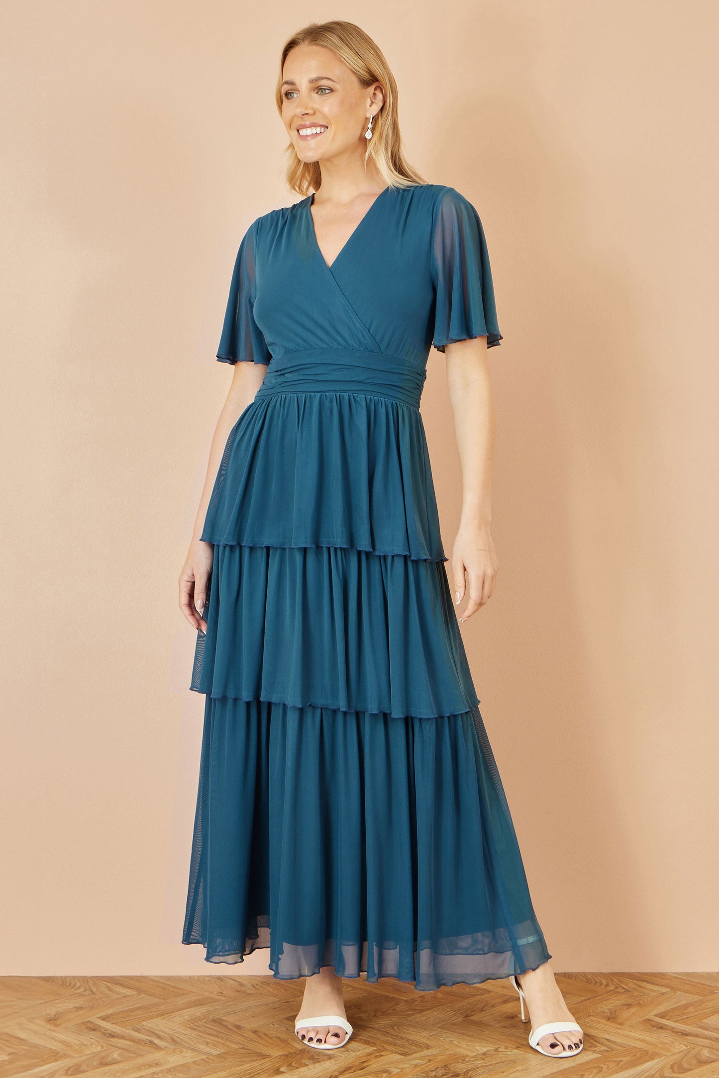 Yumi Teal Mesh Tiered Maxi Dress