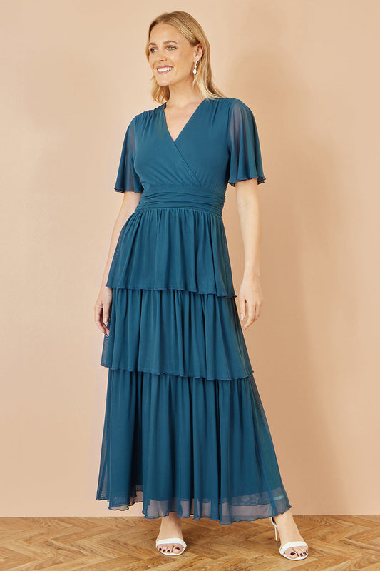 Yumi Teal Mesh Tiered Maxi Dress