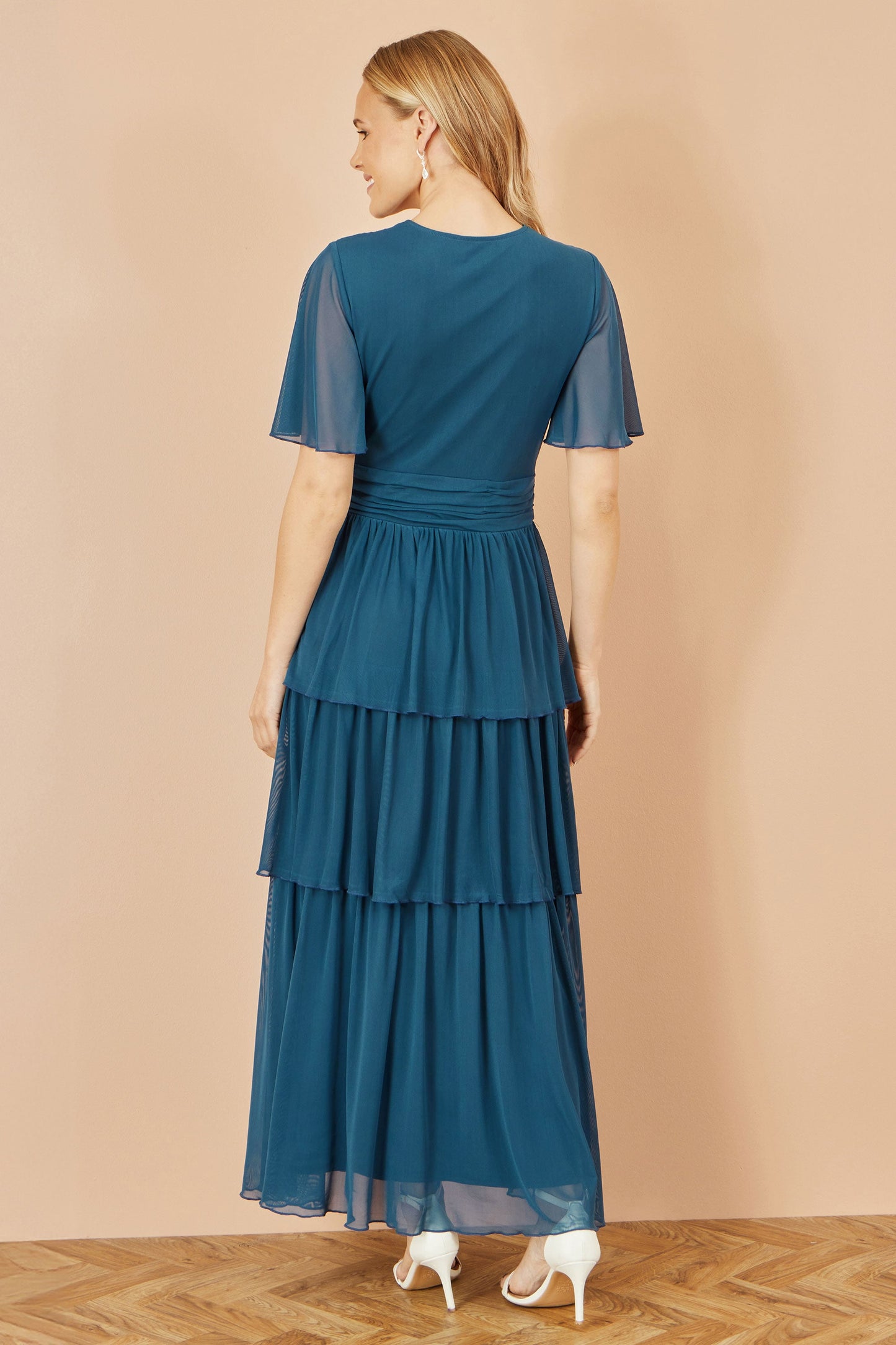 Yumi Teal Mesh Tiered Maxi Dress