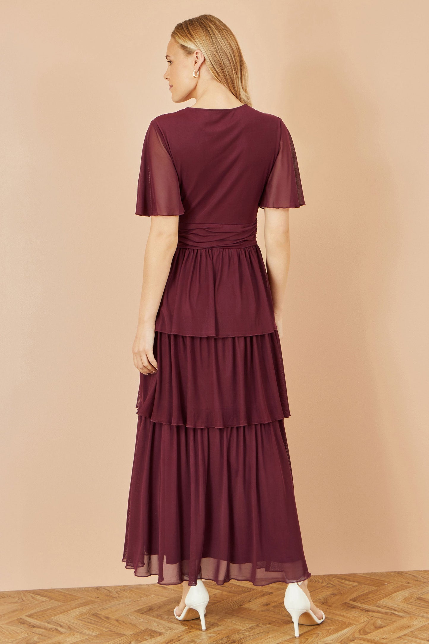 Yumi Burgundy Mesh Tiered Maxi Dress