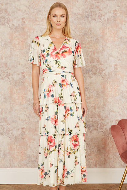 Yumi Ivory Floral Mesh Tiered Maxi Dress