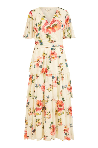 Yumi Ivory Floral Mesh Tiered Maxi Dress