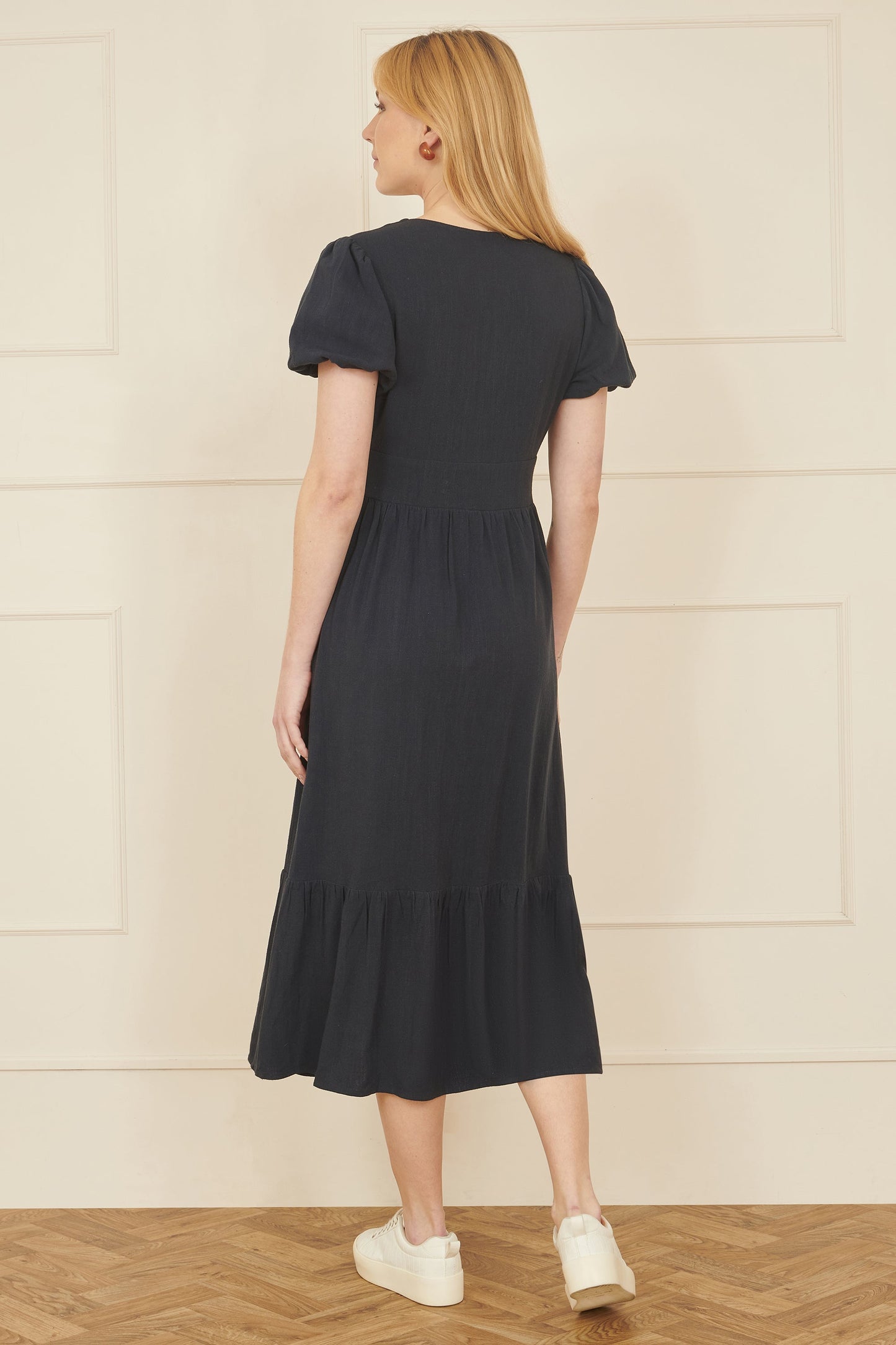 Yumi Navy Viscose Button Through Midi Dress