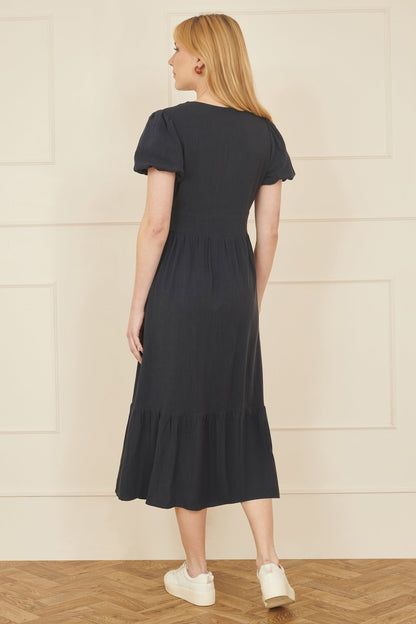 Yumi Navy Viscose Button Through Midi Dress
