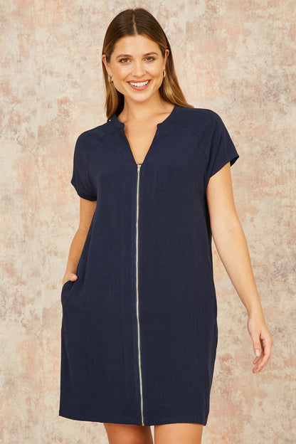 Yumi Navy Viscose Zip Tunic Dress