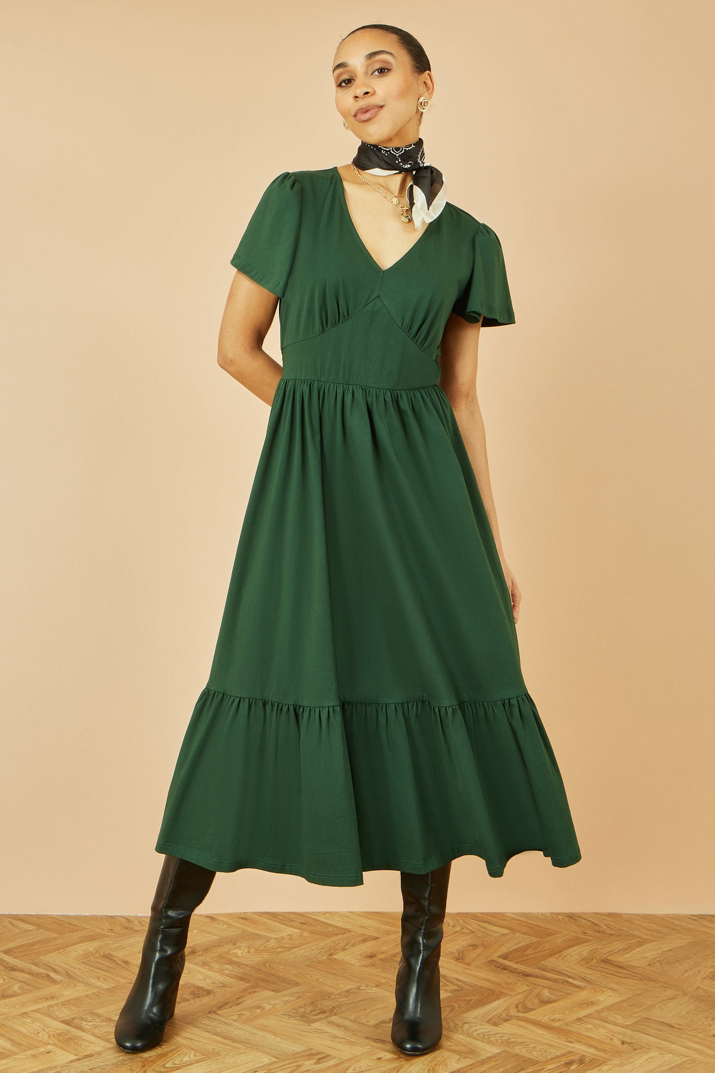 Yumi Green Cotton Jersey V Neck Midi Dress