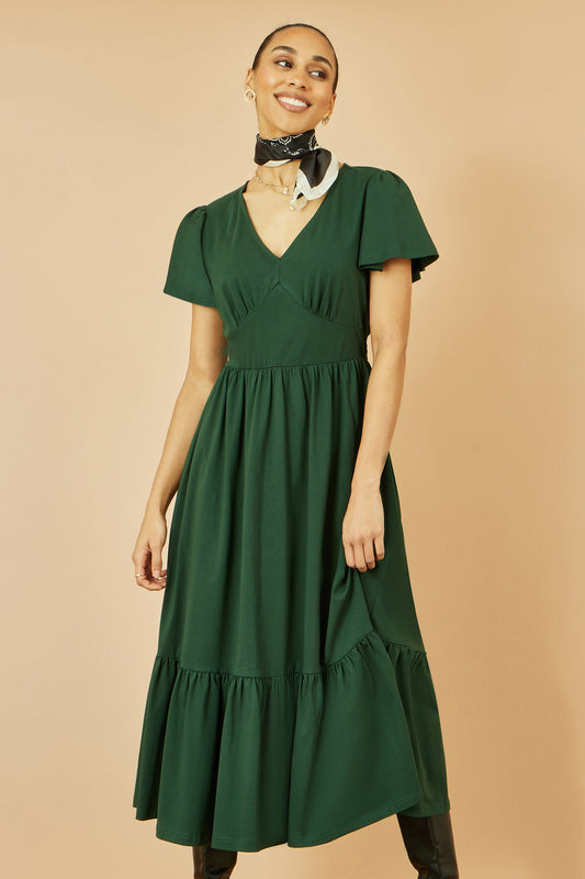 Yumi Green Cotton Jersey V Neck Midi Dress