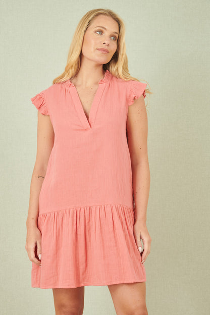 Yumi Coral Double Cotton Tunic With Frill Sleeves