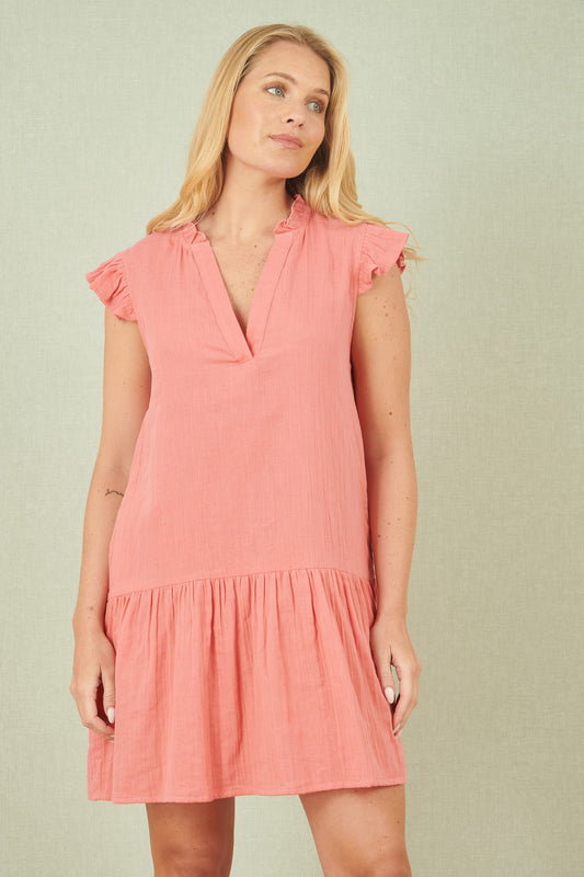 Yumi Coral Double Cotton Tunic With Frill Sleeves