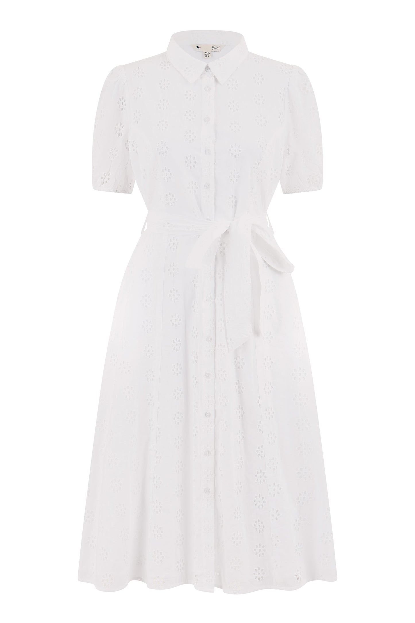 Yumi White Cotton Broderie Anglaise Midi Shirt Dress