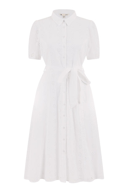 Yumi White Cotton Broderie Anglaise Midi Shirt Dress