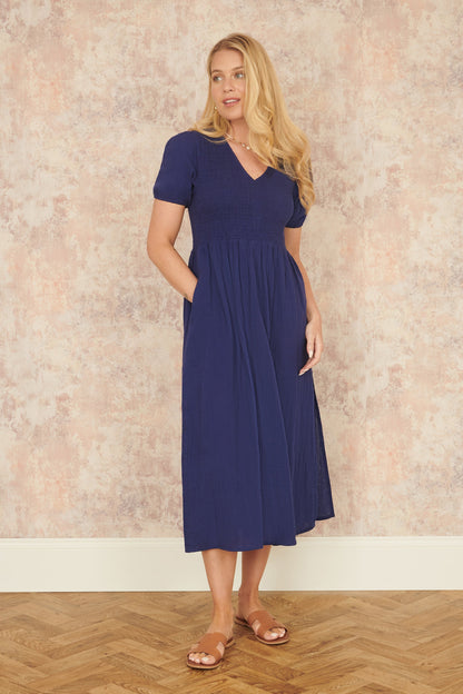 Yumi Navy Double Cotton Ruched Midi Dress