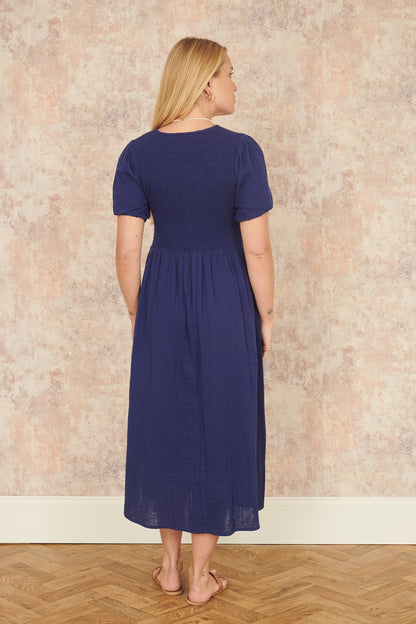 Yumi Navy Double Cotton Ruched Midi Dress