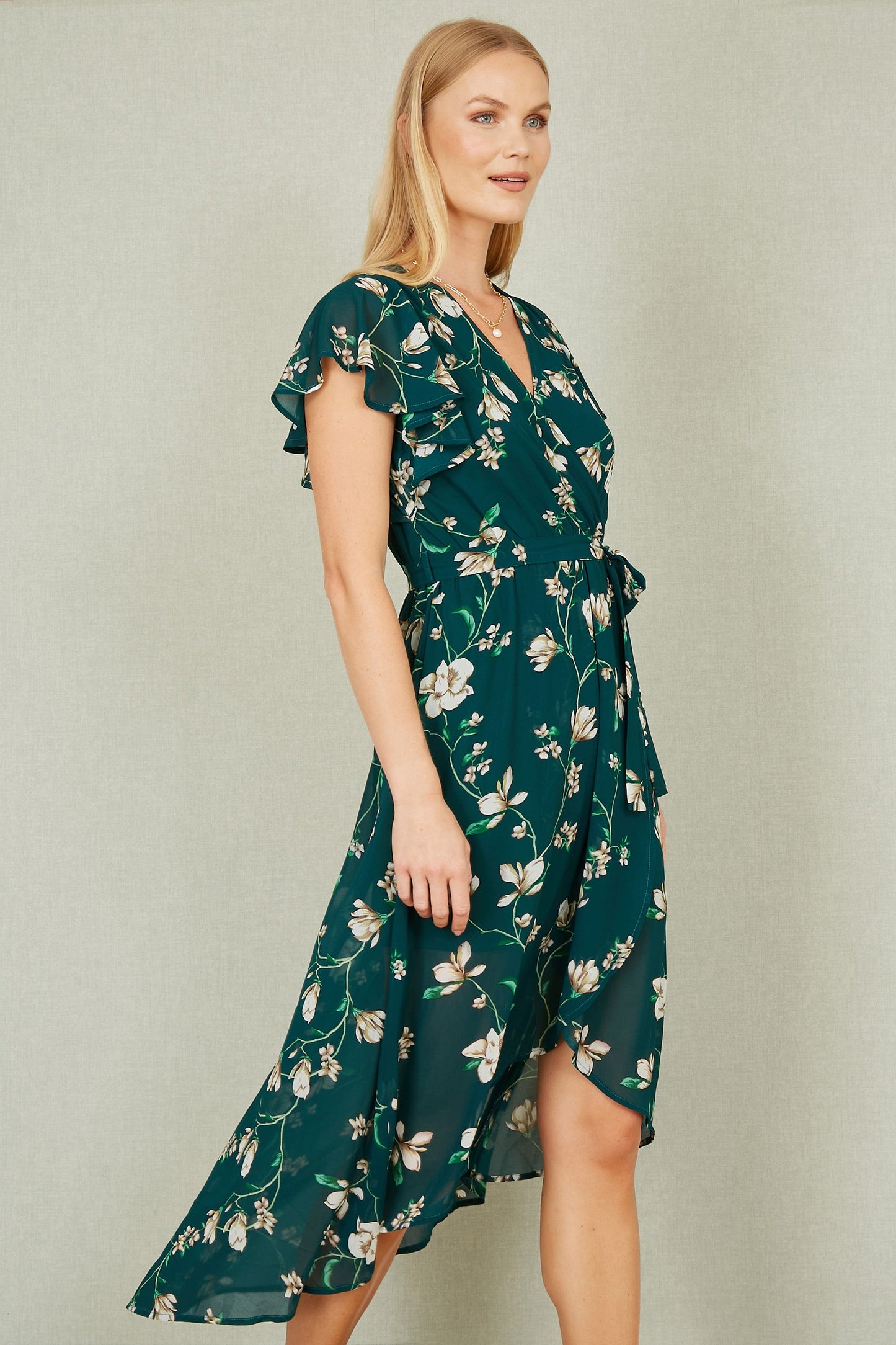 Yumi Green Floral Wrap Midi Dress With Frill Hem